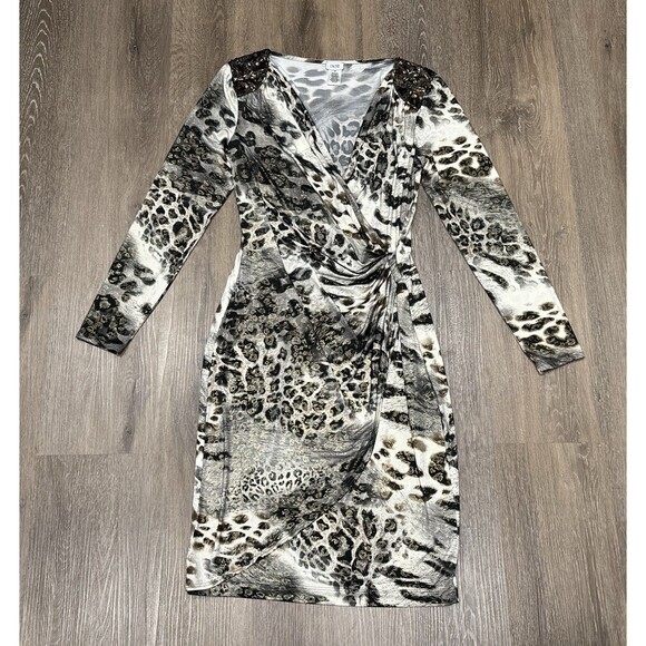 Cache Animal Print Faux Wrap Dress Sequin Beaded Shoulders Size M - Picture 1 of 10